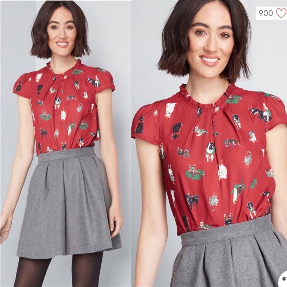 Dog & Cat lovers Holiday blouse Christmas ModCloth women’s Large Shirt